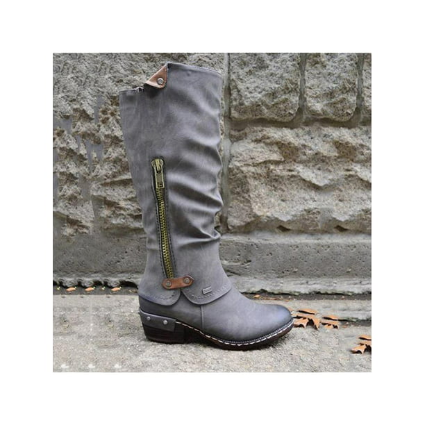 Details about   Womens Mid-calf Flat Block Heel Biker Riding Boots Winter Fashion Casual Shoes